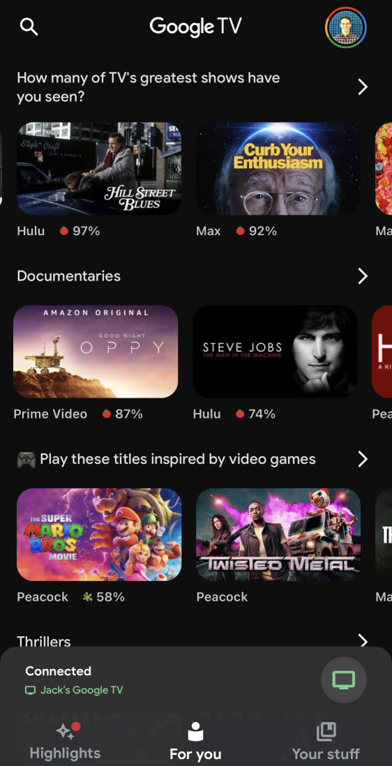 Google TV for iOS Library View including prompts for Greatest Shows and Documentaries among others.
